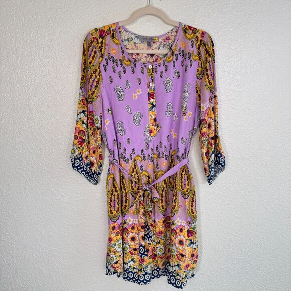 Fig and Flower Dress Womens Medium Floral Paisley Belted Tie Rayon Anthropolgie - Picture 1 of 10